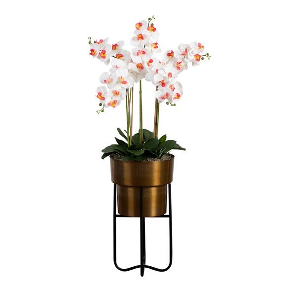 48 Artificial Orchid Arrangement in Brass Metal Planter with Stand - SKU #A2192