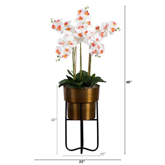 48 Artificial Orchid Arrangement in Brass Metal Planter with Stand - SKU #A2192 - 1