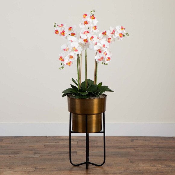 48 Artificial Orchid Arrangement in Brass Metal Planter with Stand - SKU #A2192 - 6