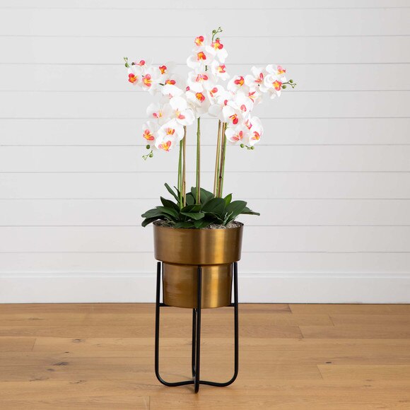 48 Artificial Orchid Arrangement in Brass Metal Planter with Stand - SKU #A2192 - 8