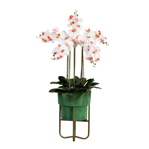 43 Artificial Orchid Arrangement in Patina Metal Planter with Stand - SKU #A2193