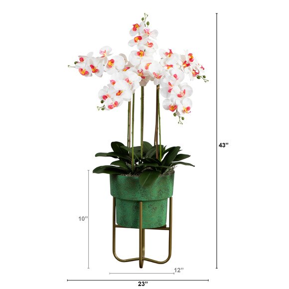 43 Artificial Orchid Arrangement in Patina Metal Planter with Stand - SKU #A2193 - 1