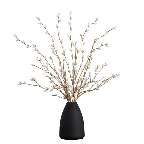 28 Artificial Pussy Willow Arrangement in Modern Metal Black Vase - SKU #A2196