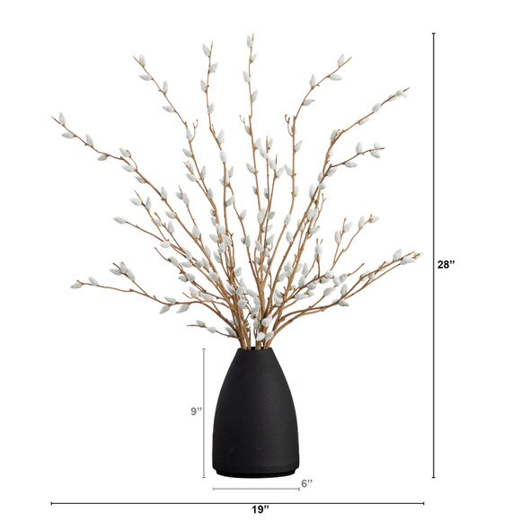 28 Artificial Pussy Willow Arrangement in Modern Metal Black Vase - SKU #A2196 - 1