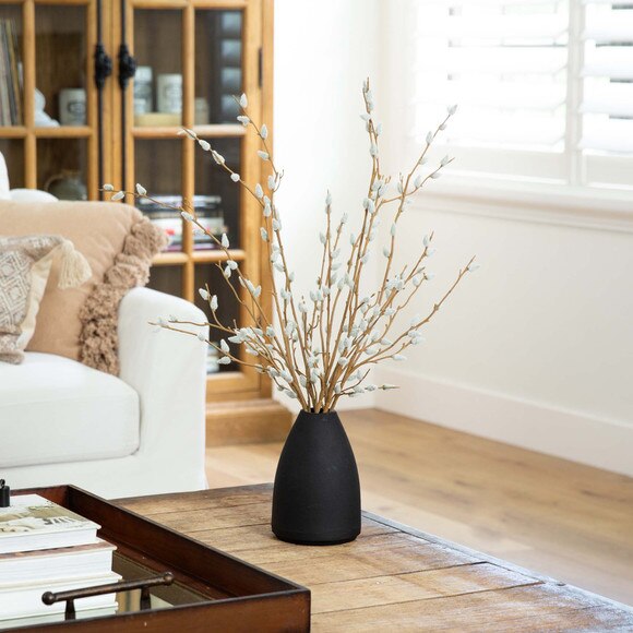 28 Artificial Pussy Willow Arrangement in Modern Metal Black Vase - SKU #A2196 - 4