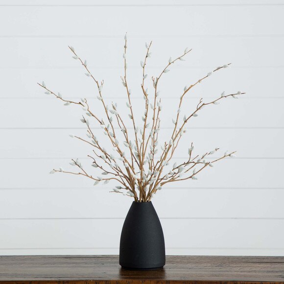 28 Artificial Pussy Willow Arrangement in Modern Metal Black Vase - SKU #A2196 - 7