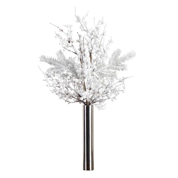 30 Artificial Flocked Berry Arrangement in Cylinder Chrome Vase - SKU #A2199