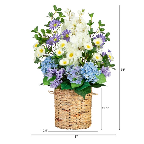 31 Artificial Mixed Flower Hydrangea Arrangement in Hyacinth Weave Basket - SKU #A2239 - 1