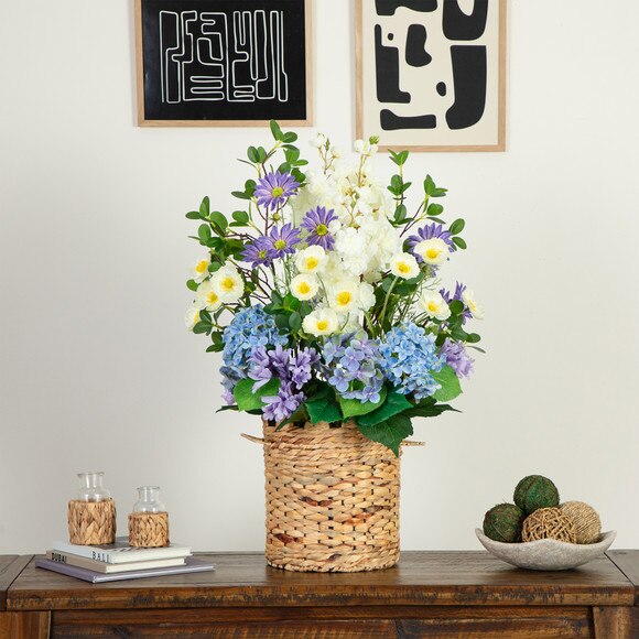 31 Artificial Mixed Flower Hydrangea Arrangement in Hyacinth Weave Basket - SKU #A2239 - 6