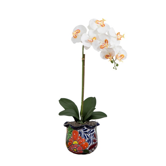 26 Artificial Orchid Arrangement in Handmade Mexican Talavera Ceramic Planter - SKU #A2296