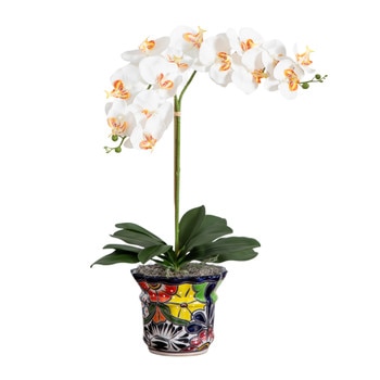 26 Artificial Double Orchid Arrangement in Handmade Mexican Talavera Ceramic Planter - SKU #A2297