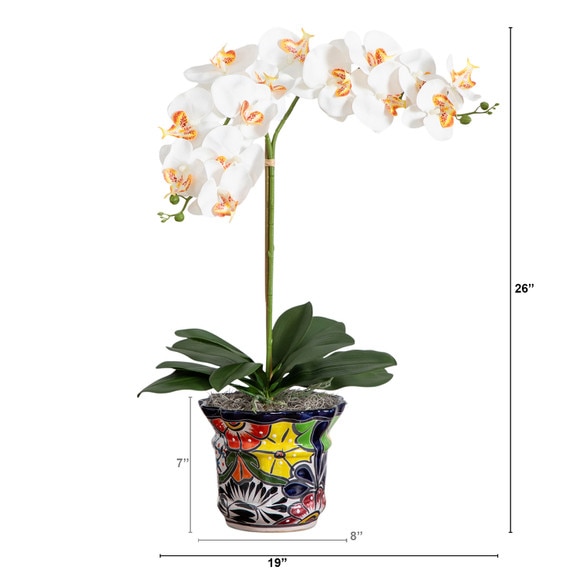 26 Artificial Double Orchid Arrangement in Handmade Mexican Talavera Ceramic Planter - SKU #A2297 - 1