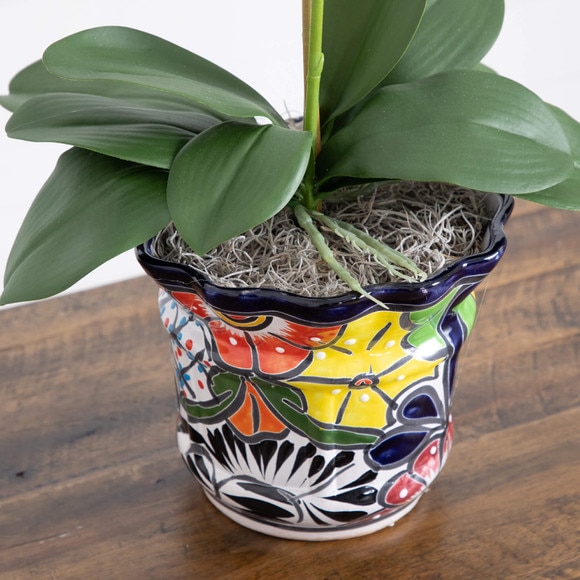 26 Artificial Double Orchid Arrangement in Handmade Mexican Talavera Ceramic Planter - SKU #A2297 - 4