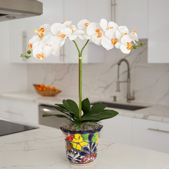 26 Artificial Double Orchid Arrangement in Handmade Mexican Talavera Ceramic Planter - SKU #A2297 - 6