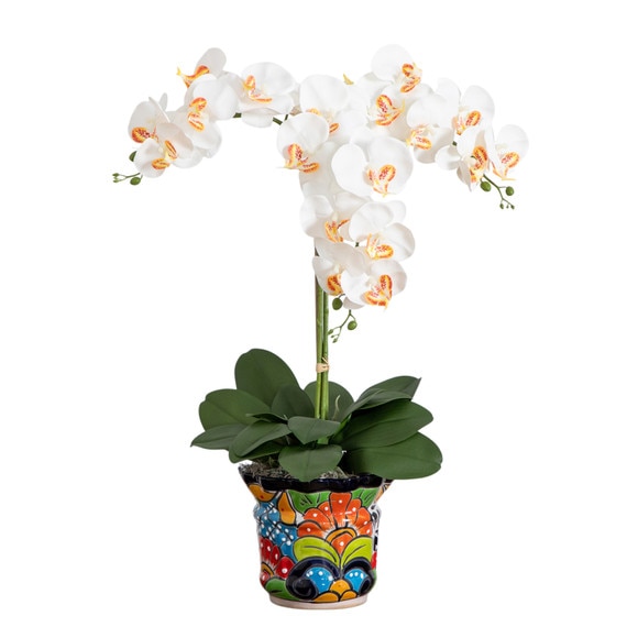 27 Artificial Triple Orchid Arrangement in Handmade Mexican Talavera Ceramic Planter - SKU #A2298