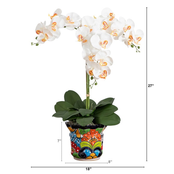 27 Artificial Triple Orchid Arrangement in Handmade Mexican Talavera Ceramic Planter - SKU #A2298 - 1