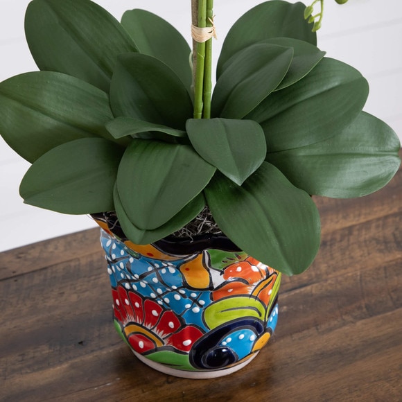 27 Artificial Triple Orchid Arrangement in Handmade Mexican Talavera Ceramic Planter - SKU #A2298 - 3