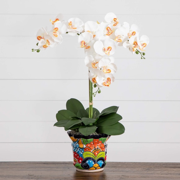 27 Artificial Triple Orchid Arrangement in Handmade Mexican Talavera Ceramic Planter - SKU #A2298 - 7