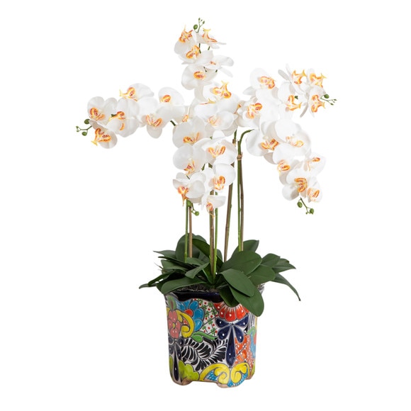 36 Artificial Large Orchid Arrangement in Handmade Mexican Talavera Ceramic Planter - SKU #A2299