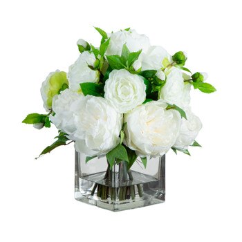 Wedding Collection 13-in Peony and Camellia Artificial Arrangement in Glass Vase - SKU #A2309