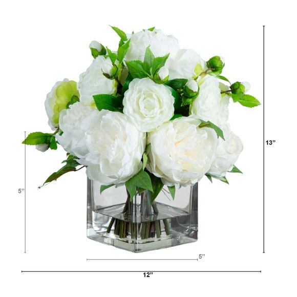 Wedding Collection 13-in Peony and Camellia Artificial Arrangement in Glass Vase - SKU #A2309 - 1