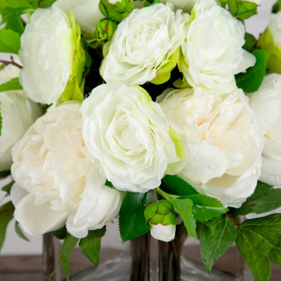 Wedding Collection 13-in Peony and Camellia Artificial Arrangement in Glass Vase - SKU #A2309 - 3
