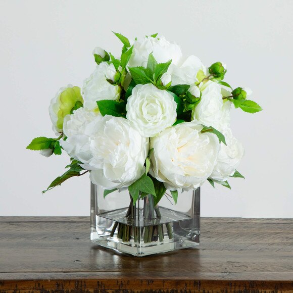 Wedding Collection 13-in Peony and Camellia Artificial Arrangement in Glass Vase - SKU #A2309 - 4