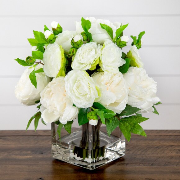 Wedding Collection 13-in Peony and Camellia Artificial Arrangement in Glass Vase - SKU #A2309 - 5