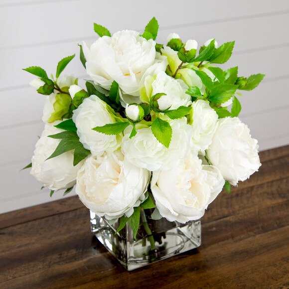 Wedding Collection 13-in Peony and Camellia Artificial Arrangement in Glass Vase - SKU #A2309 - 6