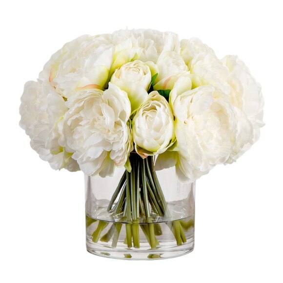 Wedding Collection 11-in Artificial Peony Arrangement in Glass Vase - SKU #A2311