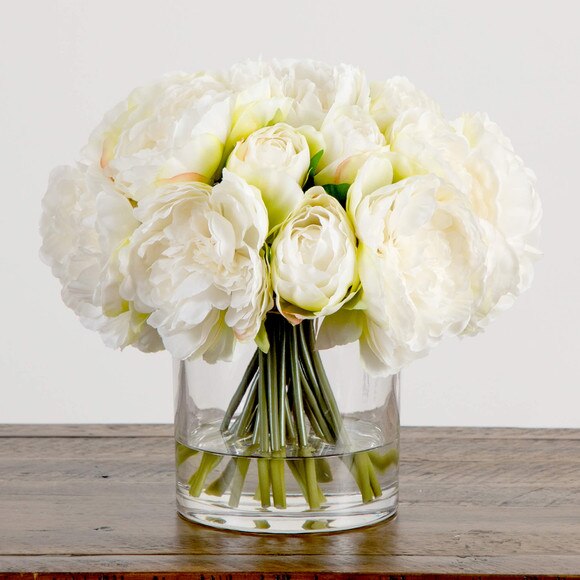 Wedding Collection 11-in Artificial Peony Arrangement in Glass Vase - SKU #A2311 - 5