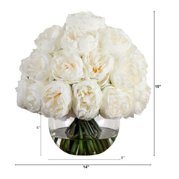 Wedding Collection 15-in Artificial Peony Arrangement in Glass Vase - SKU #A2314 - 1