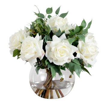 Wedding Collection 16-in Artificial Roses and Mixed Greens Arrangement in Glass Vase - SKU #A2316