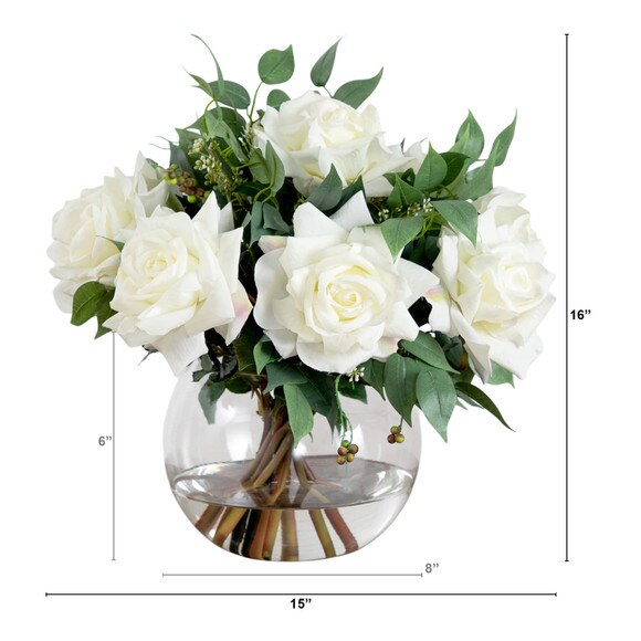Wedding Collection 16-in Artificial Roses and Mixed Greens Arrangement in Glass Vase - SKU #A2316 - 1
