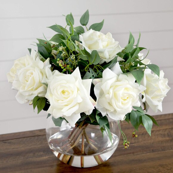 Wedding Collection 16-in Artificial Roses and Mixed Greens Arrangement in Glass Vase - SKU #A2316 - 4