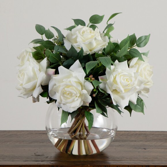 Wedding Collection 16-in Artificial Roses and Mixed Greens Arrangement in Glass Vase - SKU #A2316 - 6