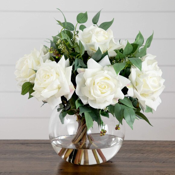 Wedding Collection 16-in Artificial Roses and Mixed Greens Arrangement in Glass Vase - SKU #A2316 - 7
