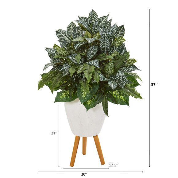 37 Mixed Greens Artificial Plant in White Planter with Stand - SKU #P1015 - 1