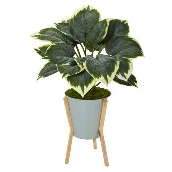 28 Variegated Hosta Artificial Plant in Green Planter with Stand - SKU #P1093