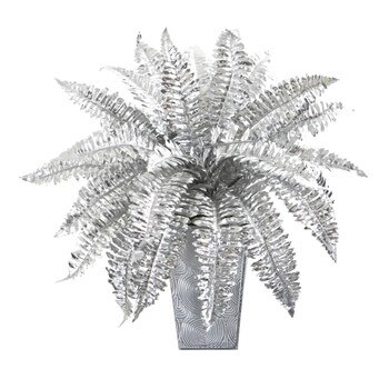 16 Metallic Silver Boston Fern Artificial Plant in Embossed White Planter - SKU #P1097