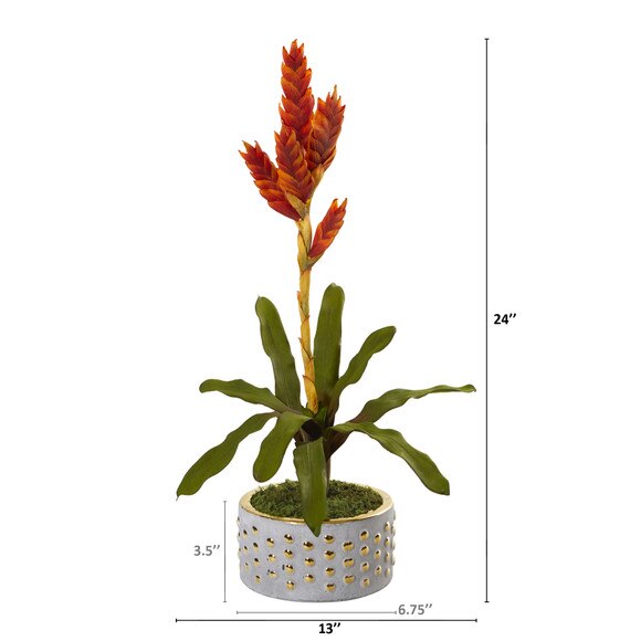 24 Tropical Bromeliad Artificial Plant in Bowl with Gold Trimming - SKU #P1107 - 1