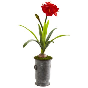 39 Amaryllis Artificial Plant in Vintage Metal Planter - SKU #P1205