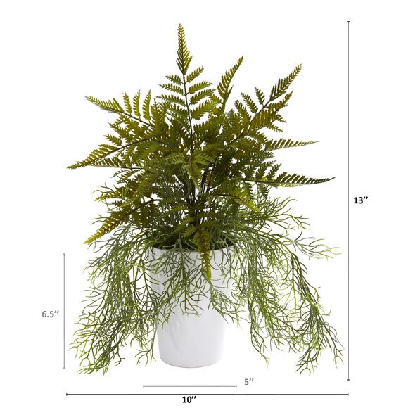13 Fern and Tillandsia Moss Artificial Plant in White Planter - SKU #P1208 - 1