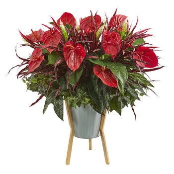 28 Mixed Anthurium Artificial Plant in Green Planter with Stand - SKU #P1235