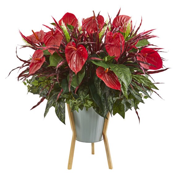 28 Mixed Anthurium Artificial Plant in Green Planter with Stand - SKU #P1235
