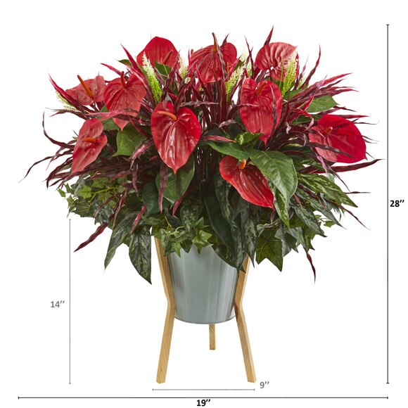 28 Mixed Anthurium Artificial Plant in Green Planter with Stand - SKU #P1235 - 1