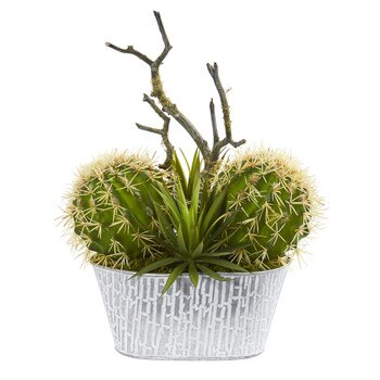 14 Cactus and Agave Succulent Artificial Plant in White Tin Planter - SKU #P1281