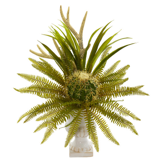 23 Cactus and Fern Artificial Plant in White Urn - SKU #P1284
