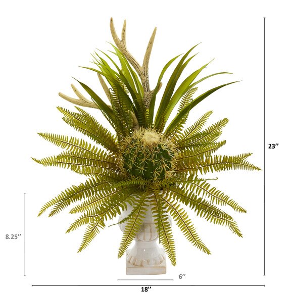 23 Cactus and Fern Artificial Plant in White Urn - SKU #P1284 - 1