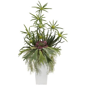 3 Staghorn Succulent and Cyperus Artificial Plant in White Planter - SKU #P1315